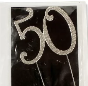 Cake Topper 50 Birthday Anniversary Silver Sparkles Rhinestones 4 inches Tall - Picture 1 of 2