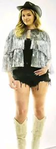 Silver Tinsel Fringe Jacket Adult Plus Costume Cowgirl Disco Festival Concert - Picture 1 of 4