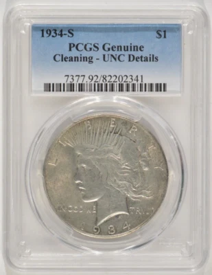 1934-S Peace Silver Dollar $1 PCGS UNC Details Cleaning 82202341 - Image 1 of 4