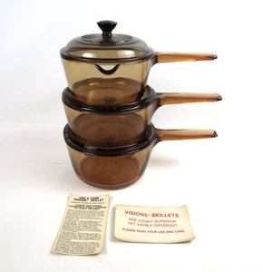 Vtg Vision Ware Cookware Amber Sauce Pan Pot Set of 3 1.5L 1L V-1.5-B w/ Lids - Picture 1 of 17