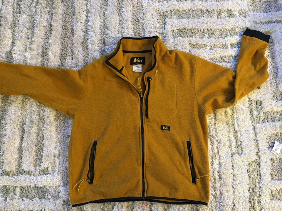 Chaqueta de Vellón REI Grande Marrón Mostaza Polartec Cremallera Completa Exterior Senderismo Abrigo Foto 1 de 4