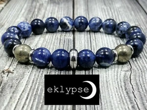 8 Zoll L EDELSTAHL 10 mm Blau Weiß Sodalith + Pyrit Edelstein Perlen Herren Armband - Bild 1 von 9