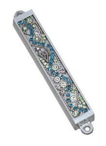 Judaica Mezuzah Case Metal Decorated Aqua Green Sparkling Rhinestones 7 cm - Picture 1 of 4