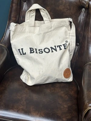 Bolso de Mano IL BISONTE de Lona Beige con Parche de Cuero Hecho en Italia/Estilo Vintage Foto 1 de 4