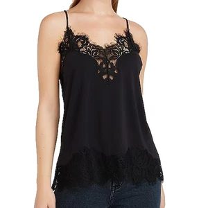 CAMICIA NERA NUOVA CON ETICHETTE EXPRESS DONNA PIZZO ORLO SCOLLO A V SPALLINE XXS 2XS - Foto 1 di 2