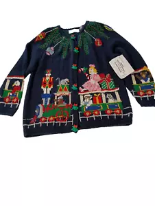 Vtg 1994 Design Options Sz Lg Christmas Cardigan Sweater Train of Toys Navy NEW - Picture 1 of 16