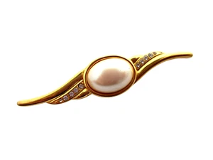 Monet Gold Tone Faux Pearl Swirl Brooch w/ Rhinestone Accents - Picture 1 of 5