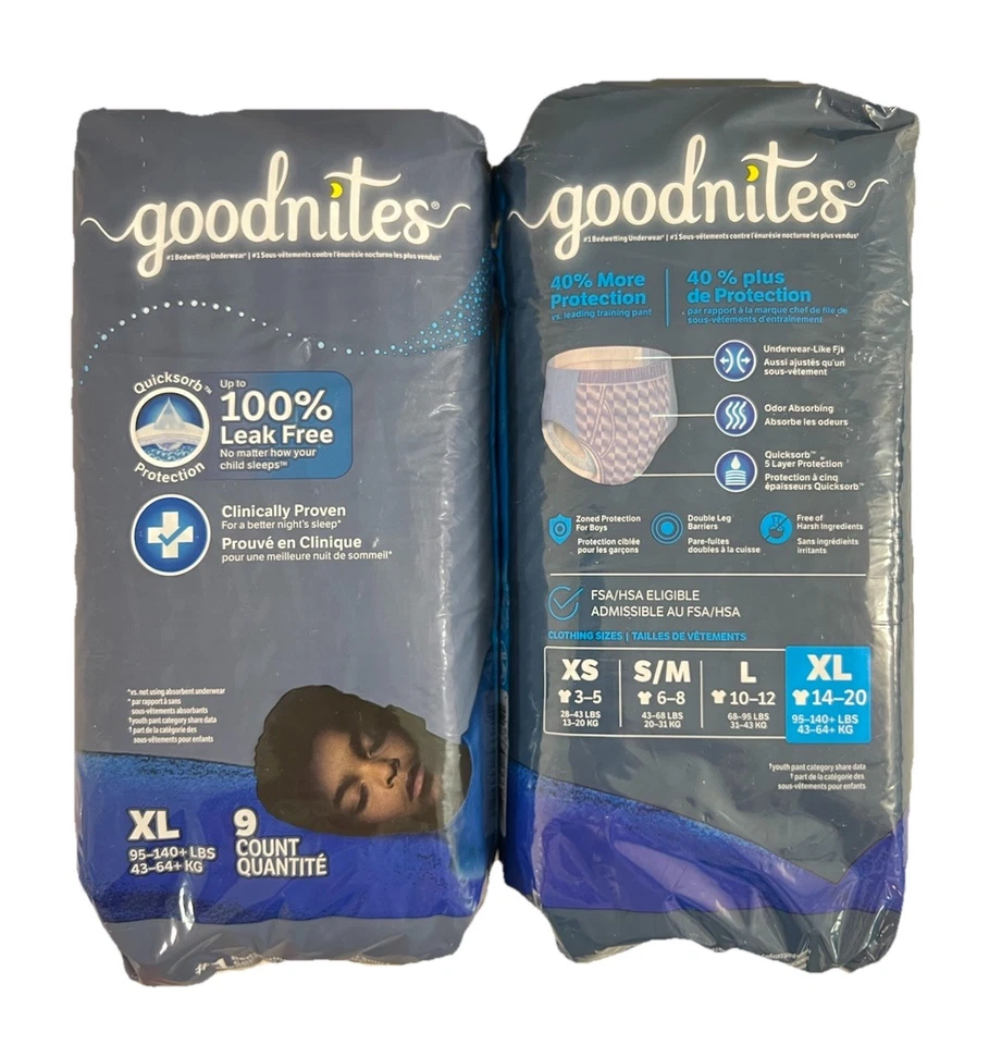 Lote de 2 ropa interior Goodnites Bedtime para niños XL 9 cuentas 95 a 140 libras sin fugas Foto 1 de 1