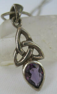 Vintage Small Celtic Pendant withTear Drop Amethyst Stone18inch Snake Chain Used