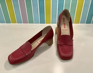 Vintage 1990's Miu Miu Stacked Heel Red Penny Loafer Shoes - Picture 1 of 6