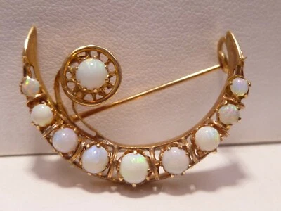 Vintage 585 14k Gold Opal Branch Brooch Moon Shape Estate Handmade Estate Pin - Image 1 of 4