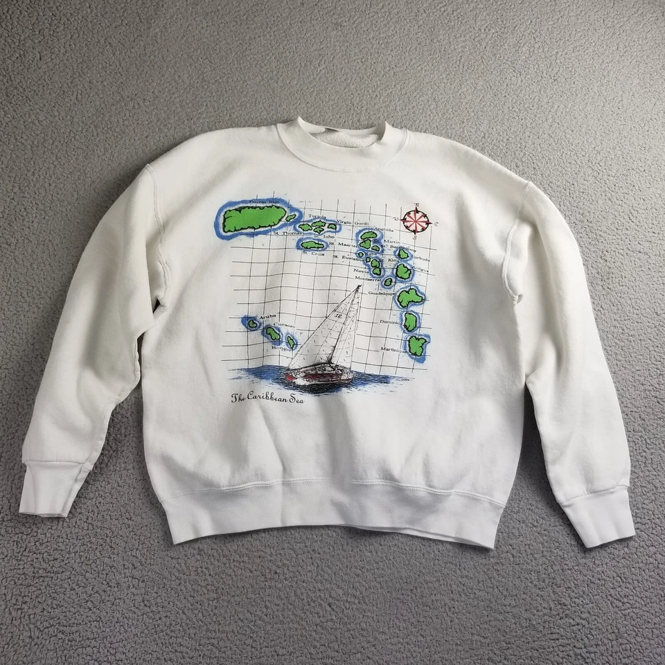 Sudadera Velero Vintage Hombre Grande Blanca Mapa Mar Caribe Cuello Redondo Foto 1 de 4