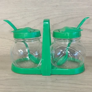 Vintage Hazel Atlas Condiment Jars Caddy Green Jars Spoons - Picture 1 of 8