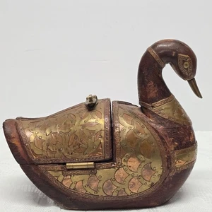 Antik Vintage Holz Messing Kupfer Intarsien Ente versteckte Schmuckschatulle Öffnung Flügel - Bild 1 von 11