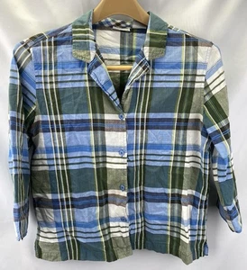 Top Cabin Creek para mujer mediano azul y verde a cuadros manga 3/4 abotonada informal - Imagen 1 de 7