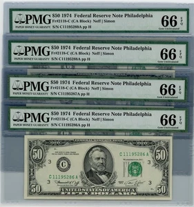 FR. 2118-C $50 1974 Federal Reserve Note 4 Consecutive 66 EPQ PMG DC-2580 - Picture 1 of 3