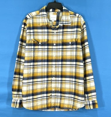 AMERICAN EAGLE 超柔软金色/海军蓝格子法兰尼尔伐木工纽扣衬衫 XL — 第 1/4 张图片