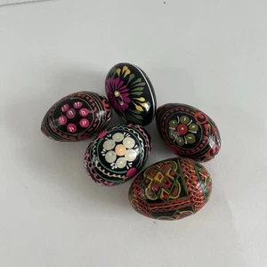 Lot 5 Pysanky Style Hand Painted Easter Eggs Ukrainian Poland Wooden Wood Egg - Picture 1 of 9