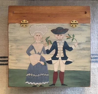 Caja de escritorio de madera vintage inclinada pintada a mano fractura arte popular Foto 1 de 4