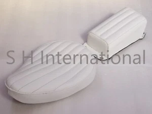 Solo Seat & Pillion Tuck & Roll Pad Leather White Vert RIB Chopper Harley Bobber - Picture 1 of 24
