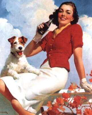 Laminated Coca-Cola Lady with Her Terrier Dog Vintage Art Print 16x20 Inches - Image 1 of 2