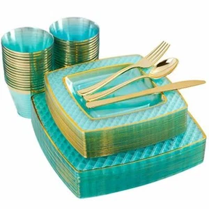 150PCS Mint/Gold Square Plastic Plates Gold Silverware Set Premium Quality - Picture 1 of 7