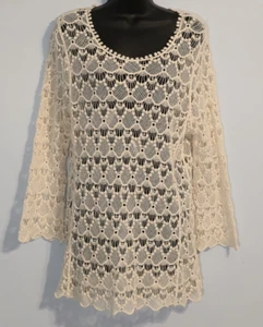 Blusa para mujer Le Dor blanca crema ganchillo manga larga boho algodón talla grande - Imagen 1 de 10