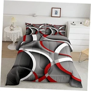 Stripes Comforter Set Kids Teens Gray Black Red Swirls Room Queen Circle 01 - Picture 1 of 6