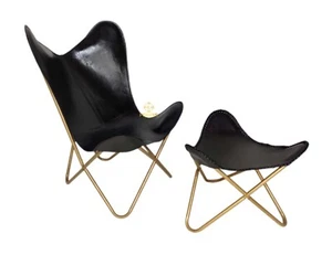 Retro Leather Butterfly Chair & Footstool – Folding Relax Armchair Set - Picture 1 of 12