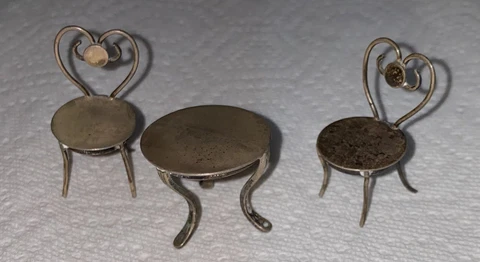 Vintage, Signed Sterling, Silver Ice Cream Parlor Chairs & Table, Miniature Cover