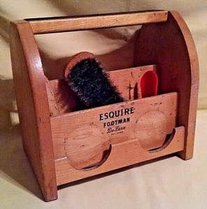ESQUIRE FOOTMAN DELUXE SHOE SHINE BOX ACCESSORIES BRUSH SHOE HORN VINTAGE WOOD. - Picture 1 of 12