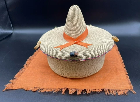 Vintage Mexico Sombrero Round Hat Basket Box Southwestern Décor Storage Trinket Cover