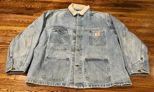 Carhartt Jacket Men XL Blue Light Wash 80s 90s Chore Denim Logo Workwear - Picture 1 of 10