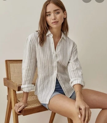 Camisa Reformation Preston Lino Rayas Abotonada Med Relajada Blanco Verde Foto 1 de 4