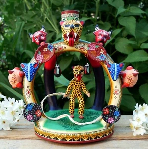 Tiger Dancer & Masks Highly Detailed Candlestick Clay Handmade Mexican Folk Art - Picture 1 of 18