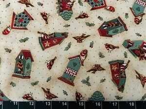 Tina Scrap 9"x21" Snow Metallic Gold Bird Wood Holly Red Birdhouse Cotton Fabric - Picture 1 of 1