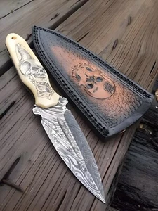 Custom Handmade Damascus Steel Dagger Knife Engraved Skull Handle/Leather Sheath - Picture 1 of 3