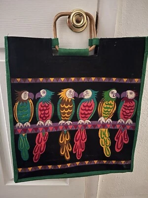 De Colección Bolso de Mano Loros Mango de Bambú Rosa Verde Amarillo Negro Boho Bolso de Comestibles Divertido Foto 1 de 4