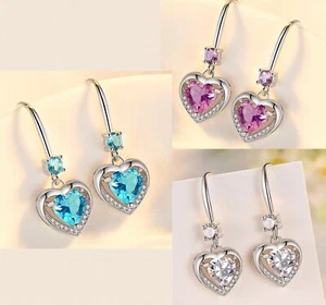Crystal Stone Drop Hook Heart Stud Earrings Women Ladies Girls Jewellery Gift - Picture 1 of 7