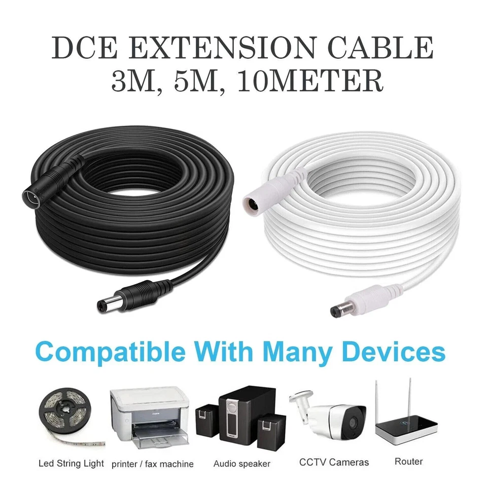 Cable de extensión de CC premium: enchufe de barril de 5,5 mm x 2,1 mm, 12 V, 3 m, 5 m, 10 m de longitud