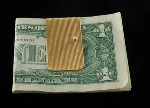 Estate Money Clip 10K Yellow Gold Over w/ Diamond Chip Moneyclip Ribbed Texture - Picture 1 of 10