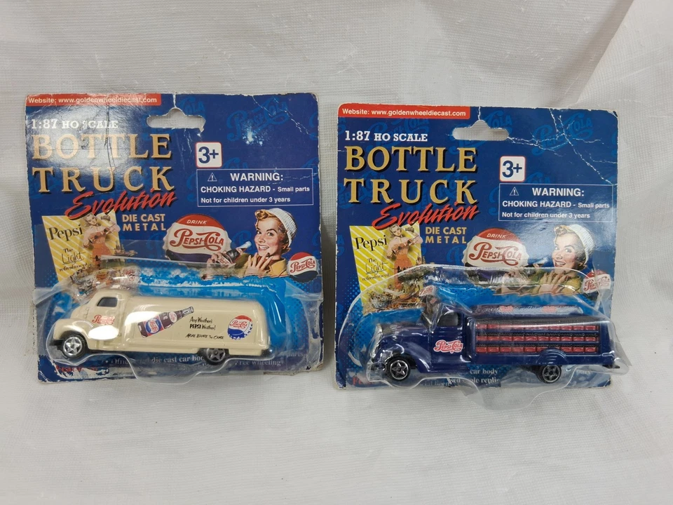 Lote de 2 camiones botella Golden Wheels Pepsi Cola fundidos a presión escala 1:87 HO Foto 1 de 4