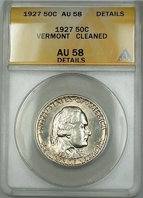 1927 Vermont Commemorative Silver Half 50c Coin ANACS AU-58 Details Cleaned - Image 1 of 2