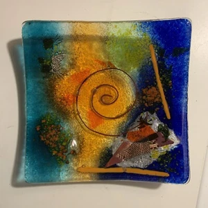 Eratini Handmade Fused Glass Tray Dish Greece Original Creation Blue Teal Orange - Picture 1 of 13