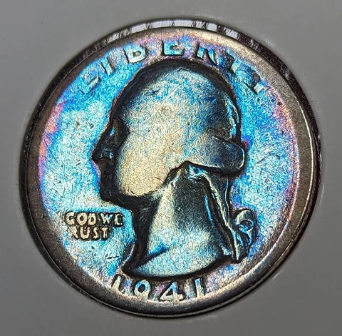 1941 Silver Washington Quarter Rainbow Toned Blues Purples Colors Nice! Cover