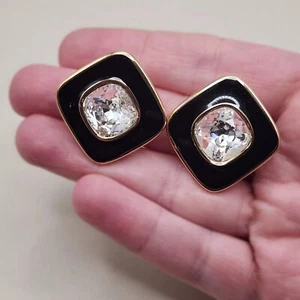 Vintage Swarovski Ohrringe schwarz 80er Diamantform quadratisch goldfarben SAL Kristall Clip - Bild 1 von 11