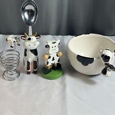 Vintage Black & White Spotted Cow Shaped Bowl, Egg Timer, Egg Cup & Ice Cream Sc