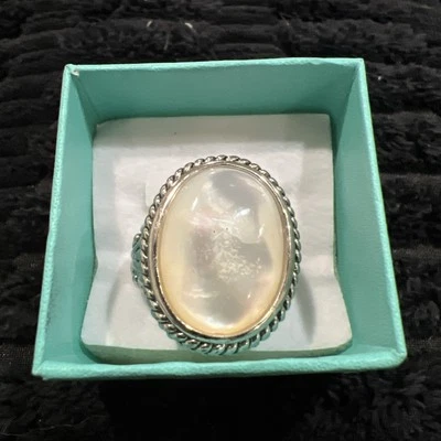 Mother Of Pearl Stone Silver Tone Textured/Etched Cocktail Ring. Size 7 - Image 1 of 3
