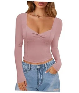 Womens Going Out Tops Sexy V Neck Long Sleeve Pleated Bustier T Shirt Trendy - Picture 1 of 6