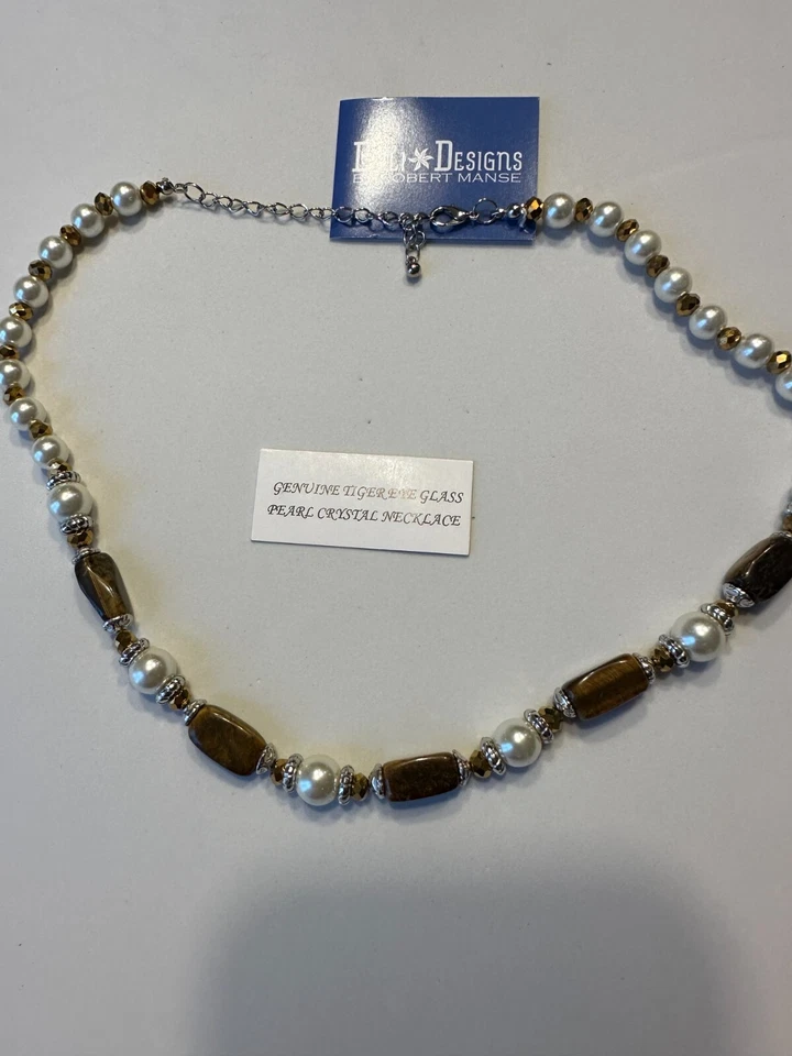 Genuine Tiger Eye Glass Pearl Crystal Necklace 36g 20" NICE  - Image 1 of 1